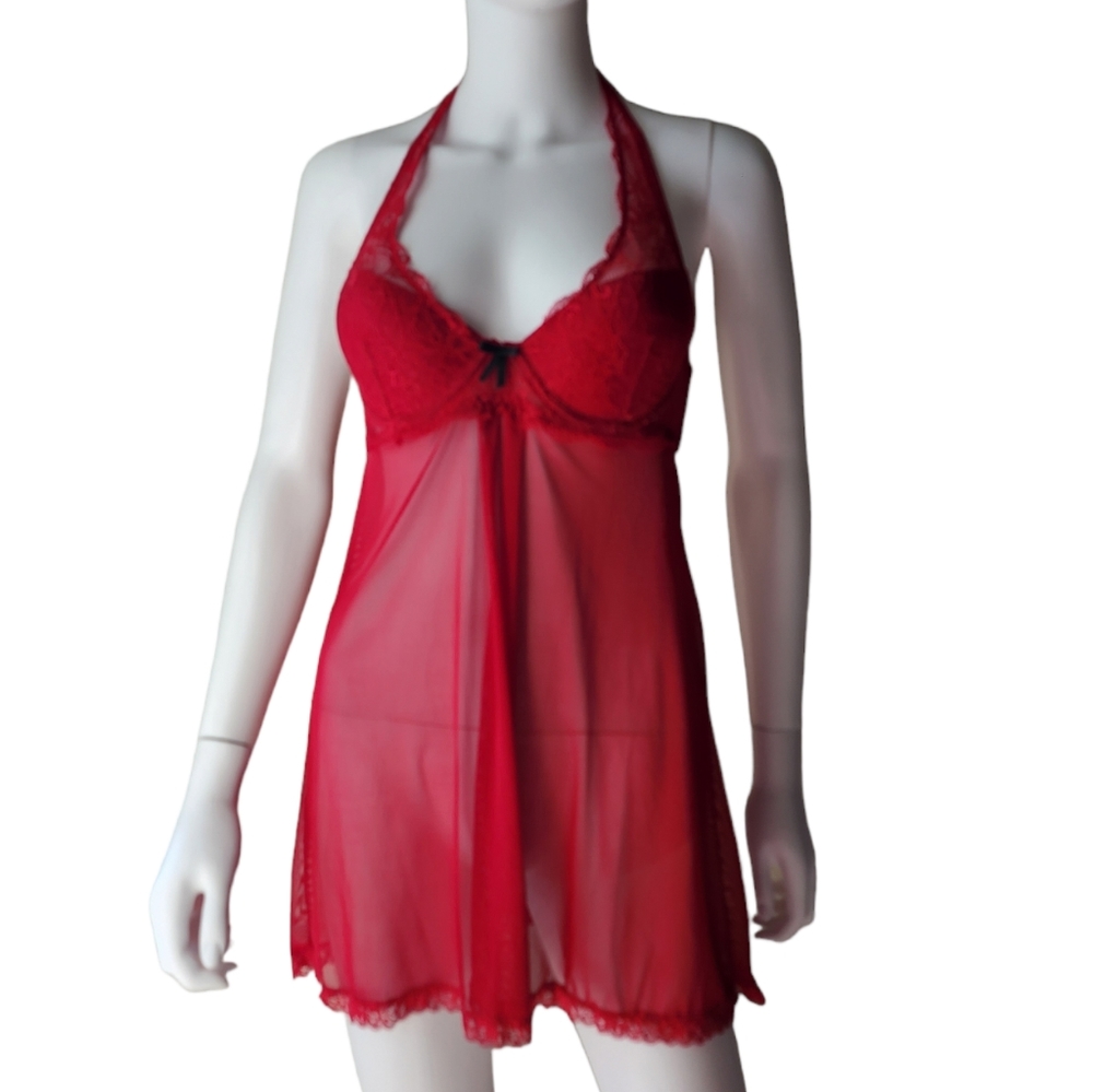 Marilyn Monroe Red Halter Lace and Mesh Baby Doll Lingerie